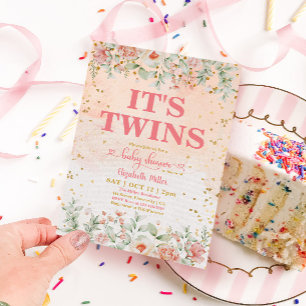 Invitation Aquarelle Fleur rose Fleur Baby shower Twin Girl