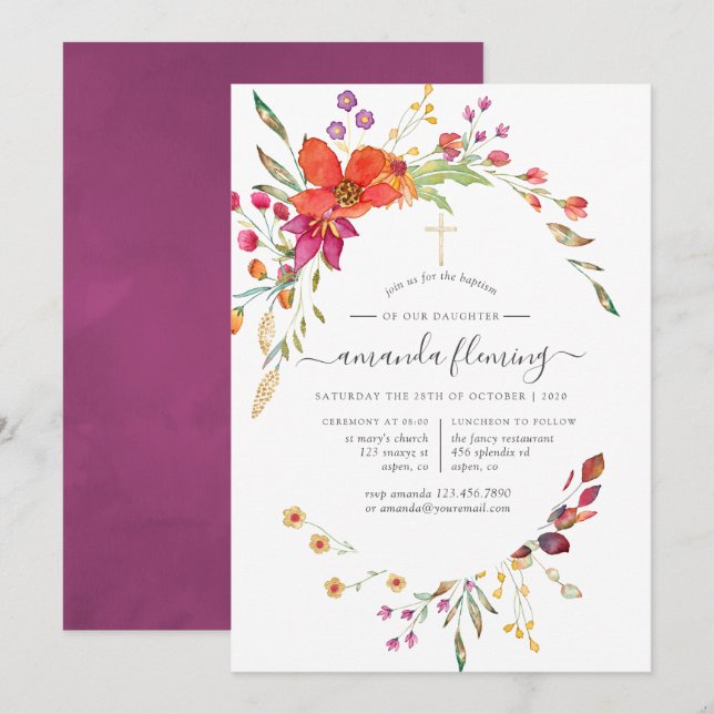 Invitation Aquarelle Fleur sauvage Baptême ou Christening (Devant / Derrière)