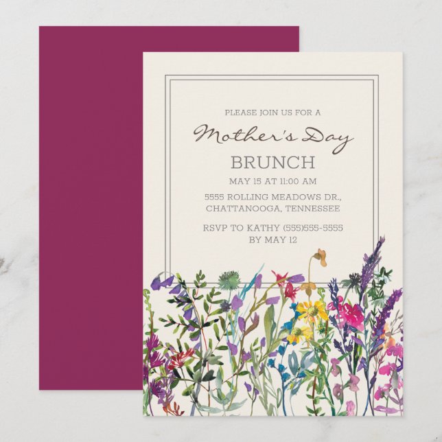 Invitation Aquarelle Fleur sauvage crème Purple Fête des Mère (Devant / Derrière)