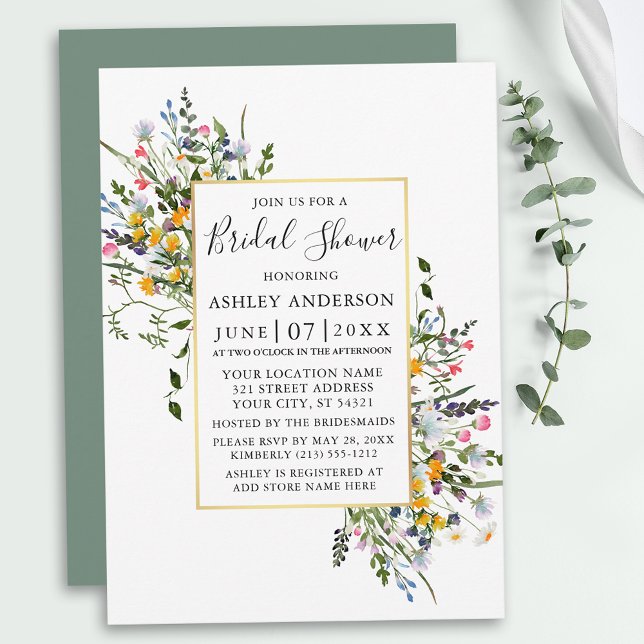 Invitation Aquarelle Fleur sauvage Gold Sage Douche verte (Customize to change color of back of card.)