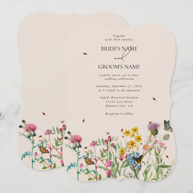 Invitation Aquarelle Fleur sauvage Jardin & Insectes Mariage  (Devant / Derrière)
