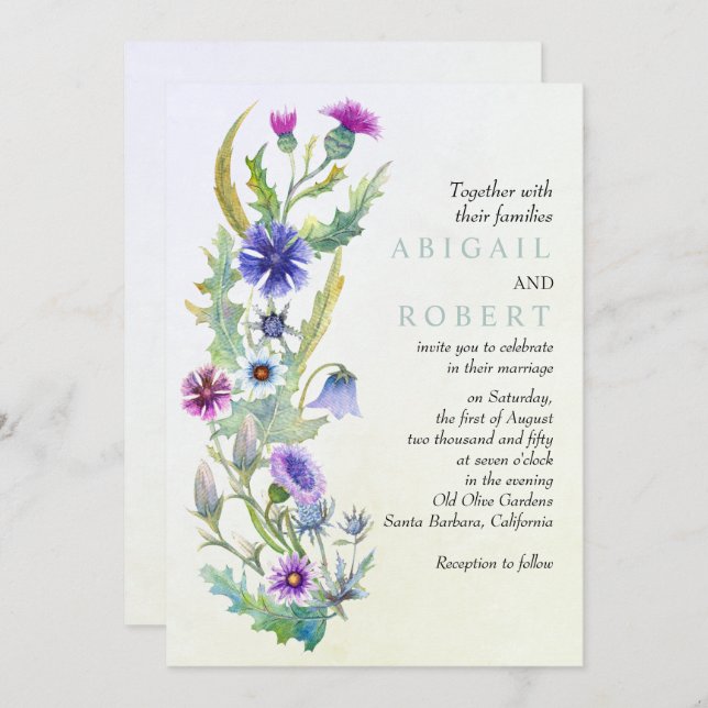 Invitation Aquarelle fleur sauvage mariage fleuri  (Devant / Derrière)