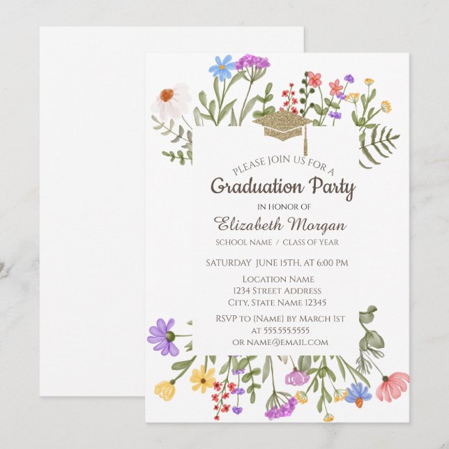 Invitation Aquarelle Fleur sauvage Meadow Graduation (Devant / Derrière)