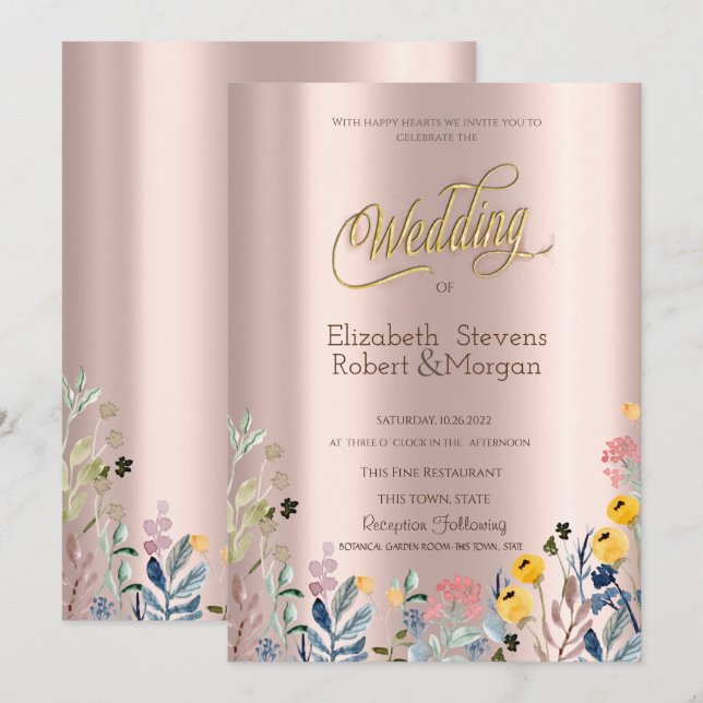 Invitation Aquarelle Fleur sauvage Meadow Rose or (Devant / Derrière)