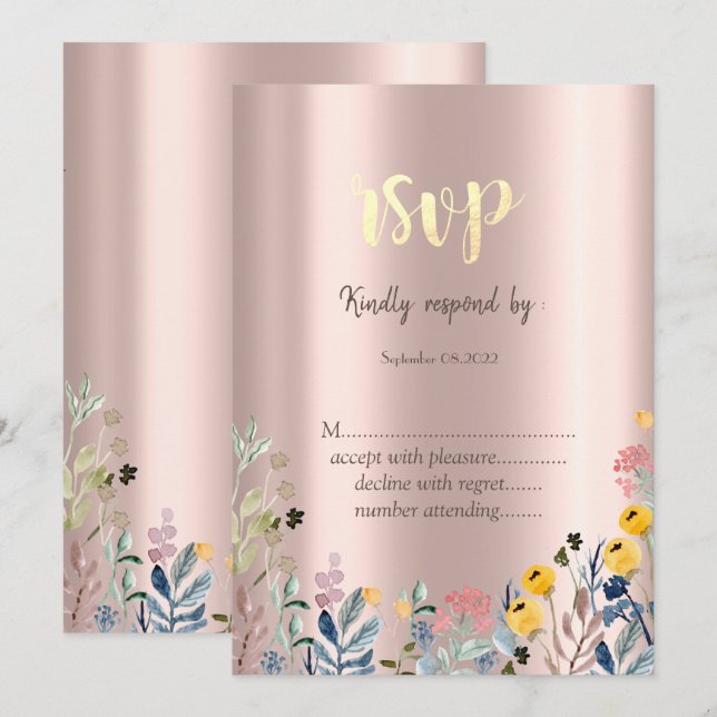 Invitation Aquarelle Fleur sauvage Meadow Rose or (Devant / Derrière)