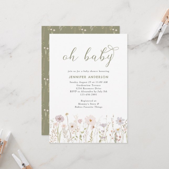 Invitation Aquarelle Fleur sauvage Oh Baby Script douche (Devant/Arrière en situation)