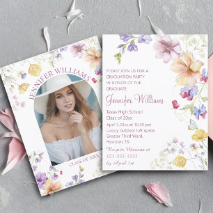 Invitation aquarelle fleur sauvage photo graduation rose