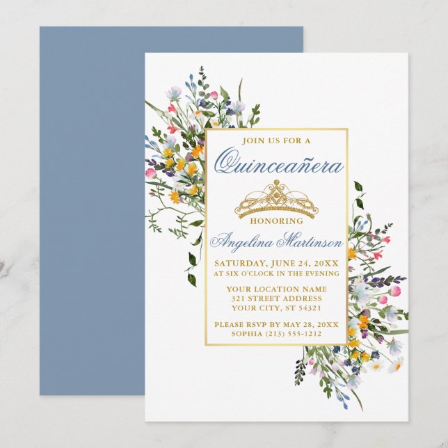 Invitation Aquarelle Fleur sauvage Quinceanera Dusty Blue (Devant / Derrière)