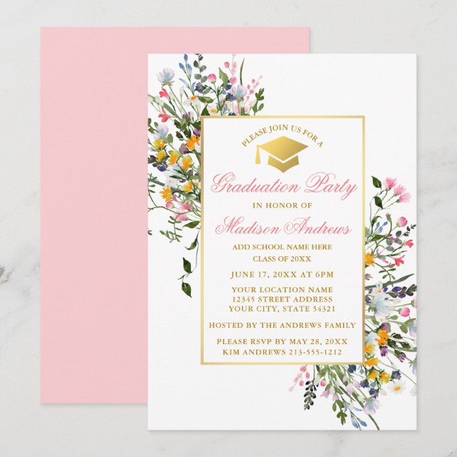 Invitation Aquarelle Fleur sauvage Rose Blush Gold Graduation (Devant / Derrière)