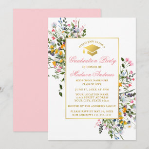 Invitation Aquarelle Fleur sauvage Rose Blush Gold Graduation