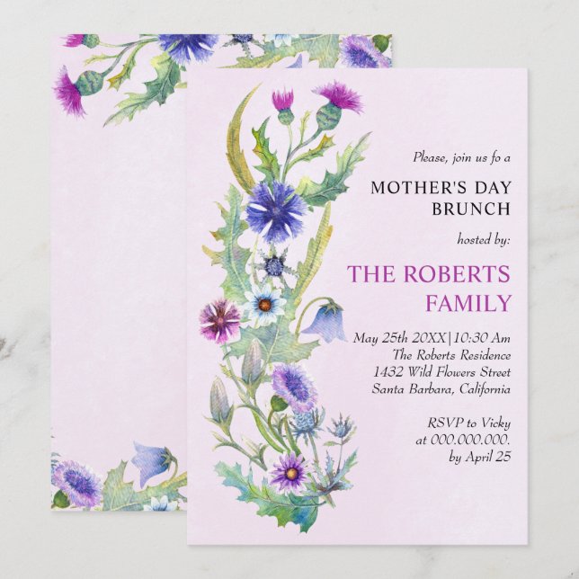 Invitation Aquarelle fleur sauvage rose Fête des Mères brunch (Devant / Derrière)