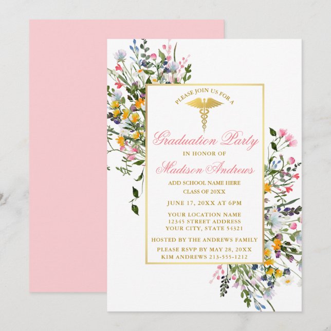 Invitation Aquarelle Fleur sauvage Rose Gold Nurse Graduation (Devant / Derrière)