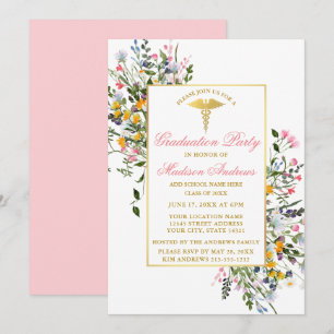 Invitation Aquarelle Fleur sauvage Rose Gold Nurse Graduation