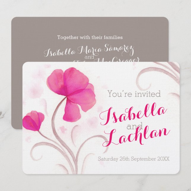 Invitation Aquarelle fleur sauvage rouge rose gris mariage bl (Devant / Derrière)