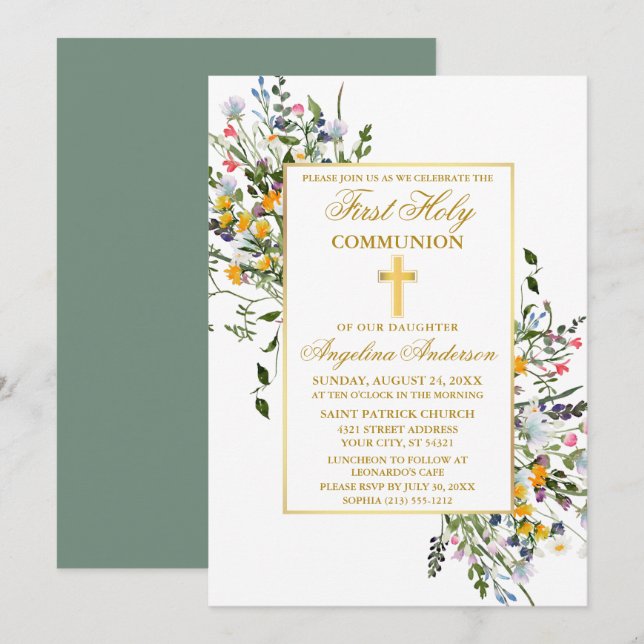 Invitation Aquarelle Fleur sauvage Sage Green Gold Communion (Devant / Derrière)