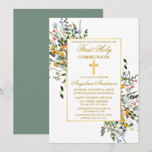 Invitation Aquarelle Fleur sauvage Sage Green Gold Communion