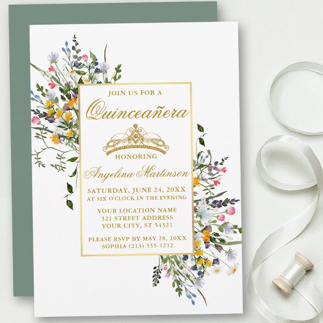 Invitation Aquarelle Fleur sauvage Sage Green Quinceanera (Customize to change text size, text style or color of back of card.)