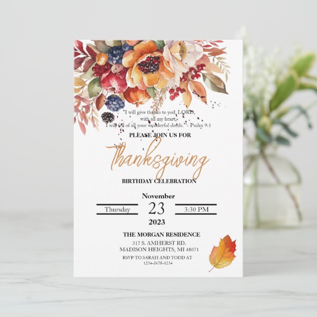 Invitation Aquarelle Fleur Verse Thanksgiving Anniversaire (Debout devant)