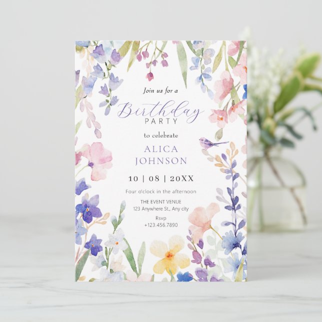 Invitation Aquarelle fleurie anniversaire de printemps Invita (Debout devant)