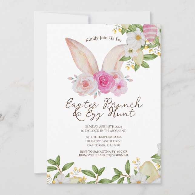 Invitation aquarelle fleurie Brunch de Pâques et chasse aux o (Devant)