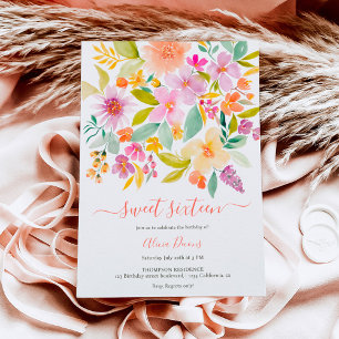 Invitation Aquarelle fleurie du jardin d'été Sweet 16