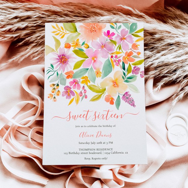 Invitation Aquarelle fleurie du jardin d'été Sweet 16 (Créateur téléchargé)