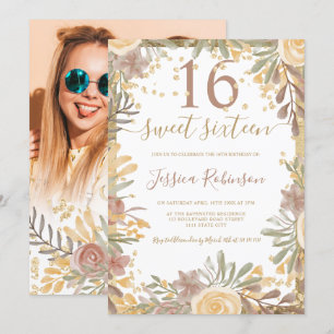 Invitation Aquarelle fleurie en terre cuite dorée Sweet 16 ph