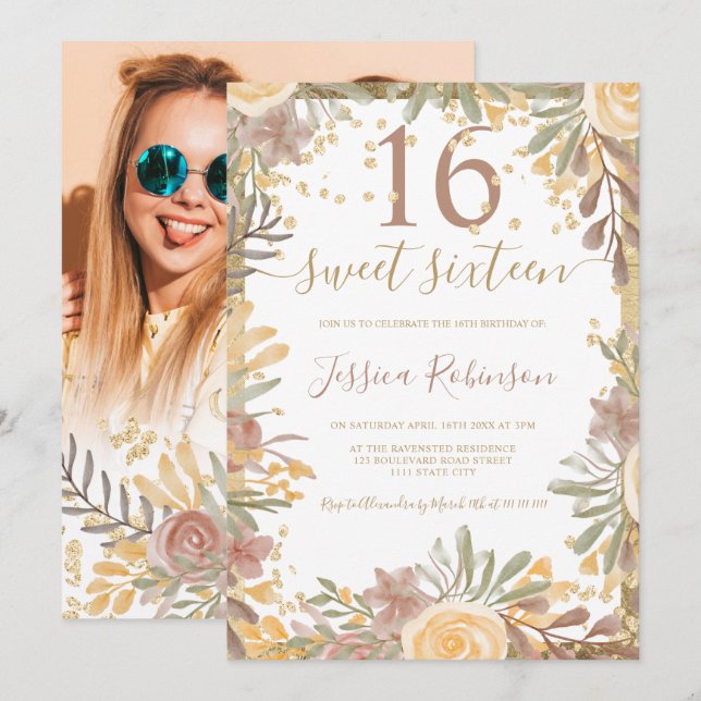 Invitation Aquarelle fleurie en terre cuite or Sweet 16 photo (Devant / Derrière)