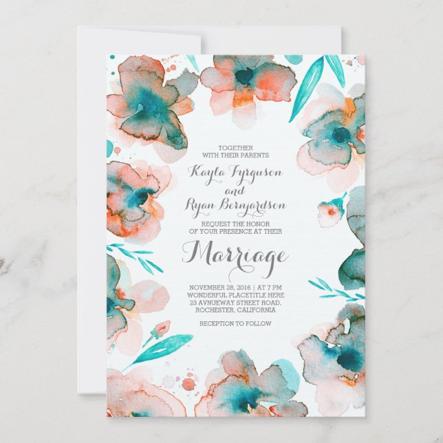 Invitation aquarelle fleurie romantique mariage turquoise (Devant)