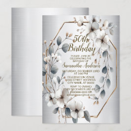 Invitation Aquarelle Fleurs blanches Cadre doré Argent Turquo