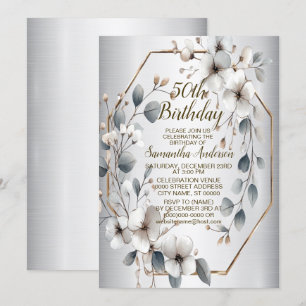 Invitation Aquarelle Fleurs blanches Cadre doré Argent Turquo