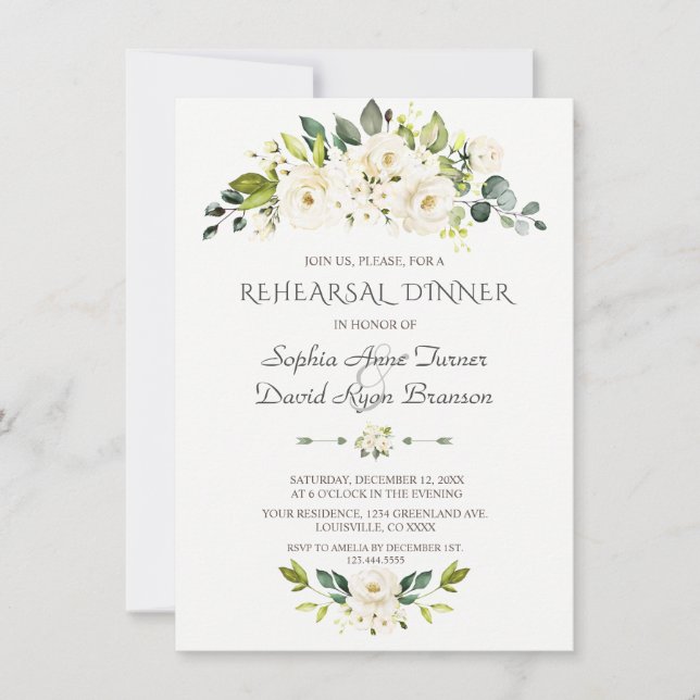 Invitation Aquarelle Fleurs blanches Dîner de répétition d'or (Devant)
