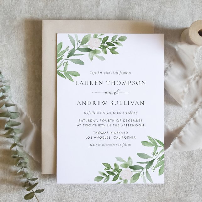 Invitation Aquarelle Fleurs blanches et Mariage de verdure (Watercolor White Flowers and Greenery Wedding Invitation)