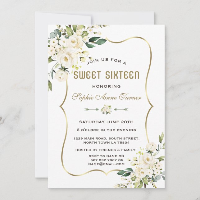 Invitation Aquarelle Fleurs blanches Gold Frame Sweet 16 (Devant)