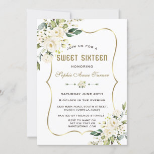 Invitation Aquarelle Fleurs blanches Gold Frame Sweet 16