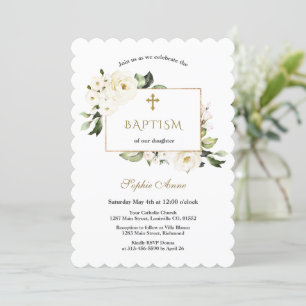 Invitation Aquarelle Fleurs blanches Rose Baptême d'or