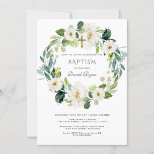 Invitation Aquarelle Fleurs blanches Wreath Cross Baptism