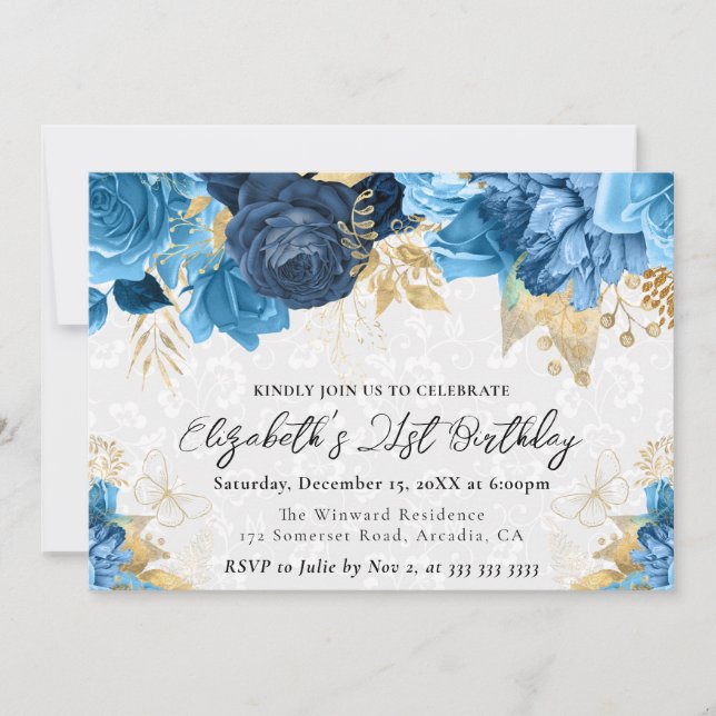 Invitation Aquarelle Fleurs bleu et or 21e anniversaire (Devant)