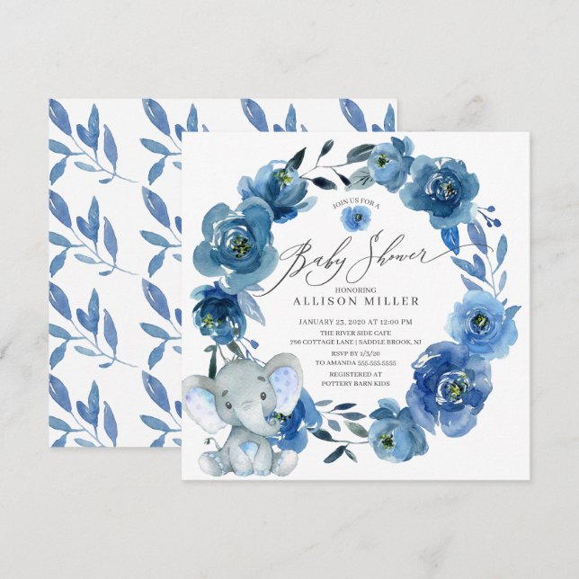 Invitation Aquarelle Fleurs Bleues Baby shower éléphant (Devant / Derrière)
