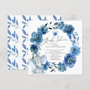 Invitation Aquarelle Fleurs Bleues Baby shower éléphant