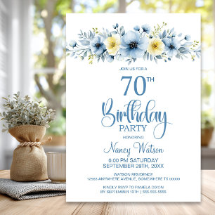 Invitation Aquarelle Fleurs Bleues et Jaunes 70e Anniversaire