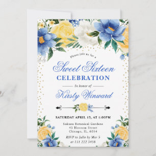 Invitation Aquarelle Fleurs bleues et jaunes Douces 16