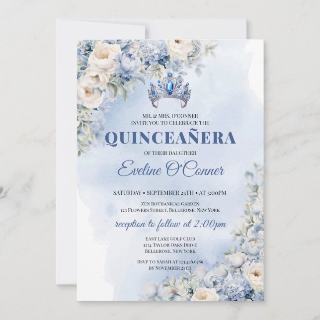 Invitation Aquarelle fleurs bleues eucalyptus Quinceañera (Devant)