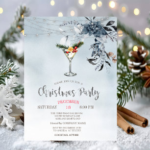 Invitation Aquarelle Fleurs Bleues, Lumières Cocktail Noël
