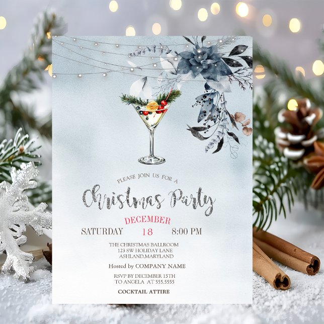 Invitation Aquarelle Fleurs Bleues, Lumières Cocktail Noël (Créateur téléchargé)