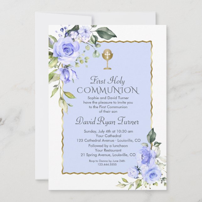 Invitation Aquarelle Fleurs Bleues Première Communion Sainte (Devant)