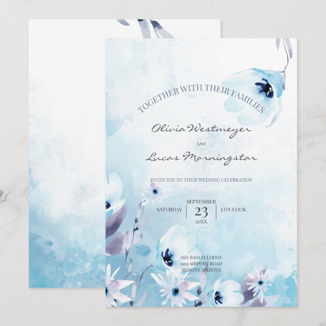 Invitation Aquarelle Fleurs d'anémones bleu glace (Devant / Derrière)
