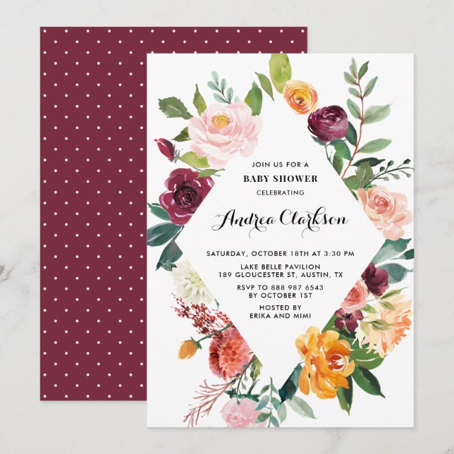 Invitation Aquarelle Fleurs d'automne Baby shower de cadre fl (Devant / Derrière)