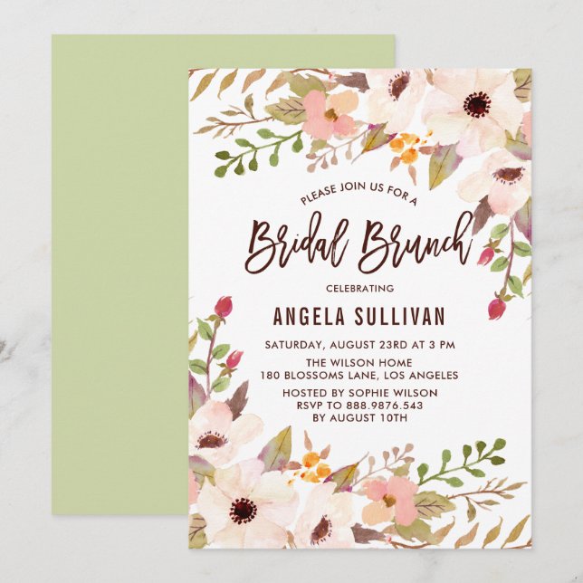 Invitation Aquarelle Fleurs de Bohême Brunch nuptial (Devant / Derrière)