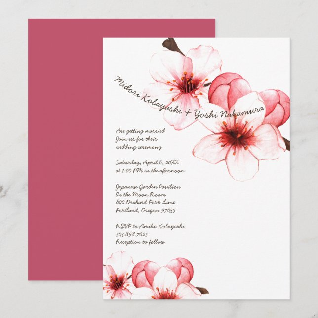 Invitation Aquarelle Fleurs de cerisier rose Mariage blanc (Devant / Derrière)